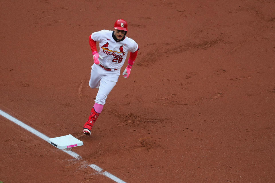 ST LOUIS, MO - MAY 09: Nolan Arenado #28 of the St. Louis Cardinals rounds third base after hitting a home run against the Colorado Rockies in the second inning at Busch Stadium on May 9, 2021 in St Louis, Missouri. (Photo by Dilip Vishwanat/Getty Images)