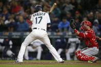 Apr 1, 2019; Seattle, WA, USA; Seattle Mariners right fielder Mitch Haniger (17) is hit by a pitch during the eighth inning against the Los Angeles Angels at T-Mobile Park. Mandatory Credit: Jennifer Buchanan-USA TODAY Sports