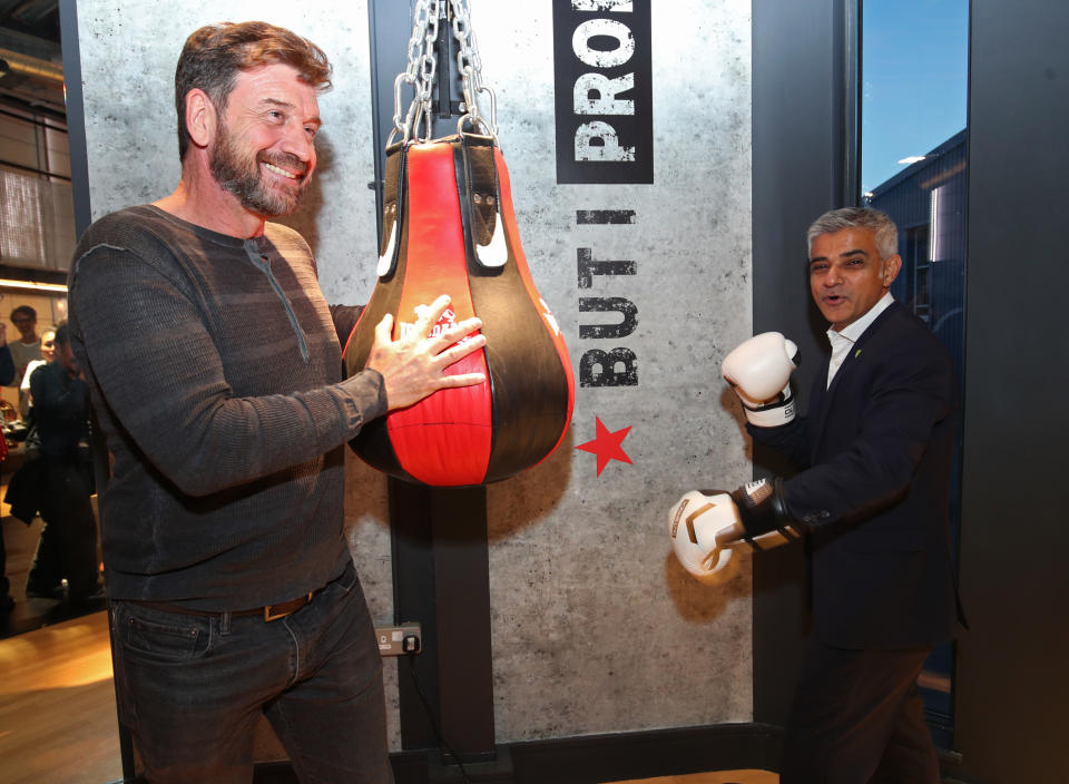 Mayor of London Sadiq Khan (right) with BBC DIY SOS presenter Nick Knowles during the re-opening of the Dale Youth Amateur Boxing Club, which had a new gym provided by BBC DIY SOS, after the original gym was destroyed in the Grenfell Tower fire.