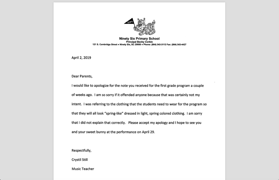 A South Carolina music teacher offended some with an Easter invitation that underscored “No dark bunnies” in relation to a Spring color scheme. (Photo: Courtesy of Greenwood School District 52)