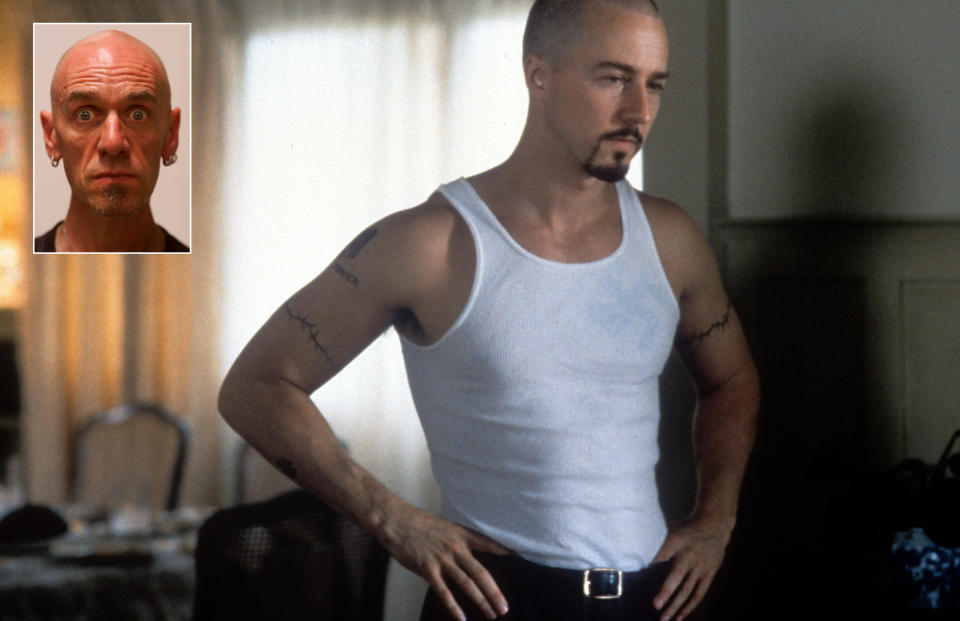 Edward Norton with hands at waist in a scene from the film '"American History X" and the other photo is of Tony Kaye in his West Los Angeles studio