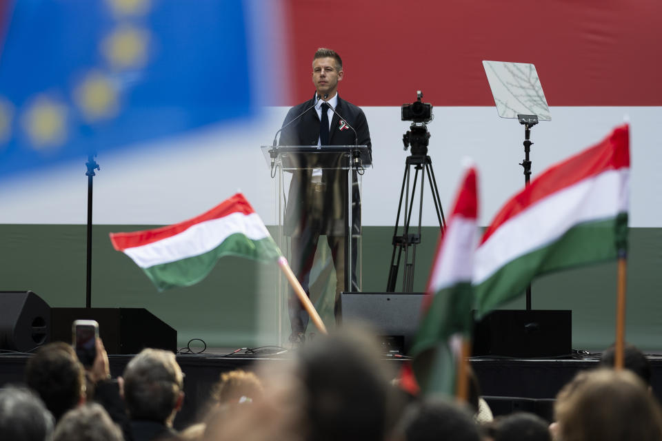 Péter Magyar, the former husband of one-time justice minister and Orbán ally Judit Varga gives a speech on Hungary's National Day in Budapest on Friday, March 15, 2024. Magyar, who was once an insider within Orbán's Fidesz party, addressed a crowd of around 10,000 people in Budapest where he announced his plans to form a new political party to challenge Fidesz's 14-year grip on power and act as an alternative to Hungary's fragmented opposition. (AP Photo/Denes Erdos)