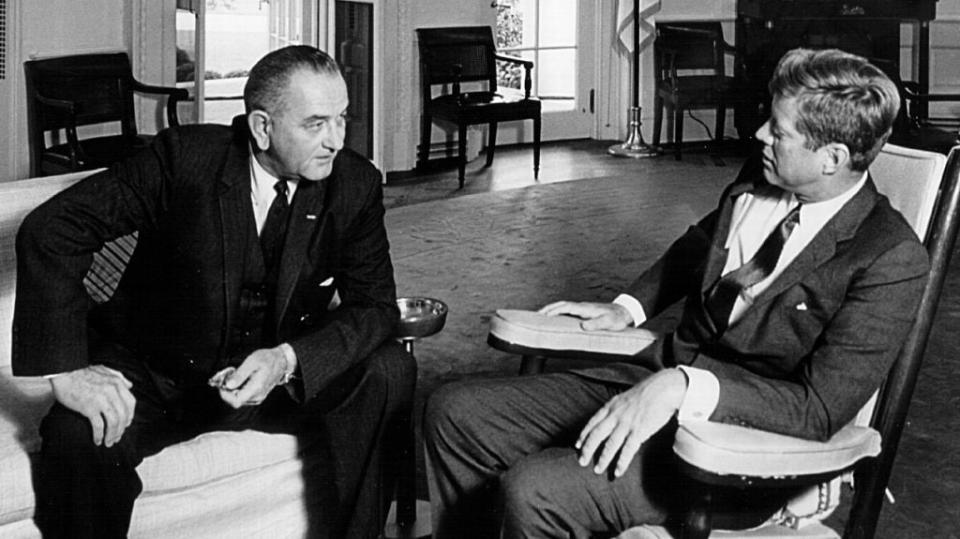 President John F. Kennedy, right, meets with Vice President Lyndon B. Johnson