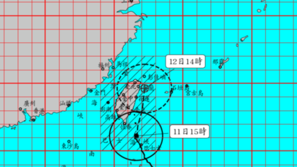 颱風璨樹暴風圈漸入台灣，全台防豪雨。（圖／中央氣象局）