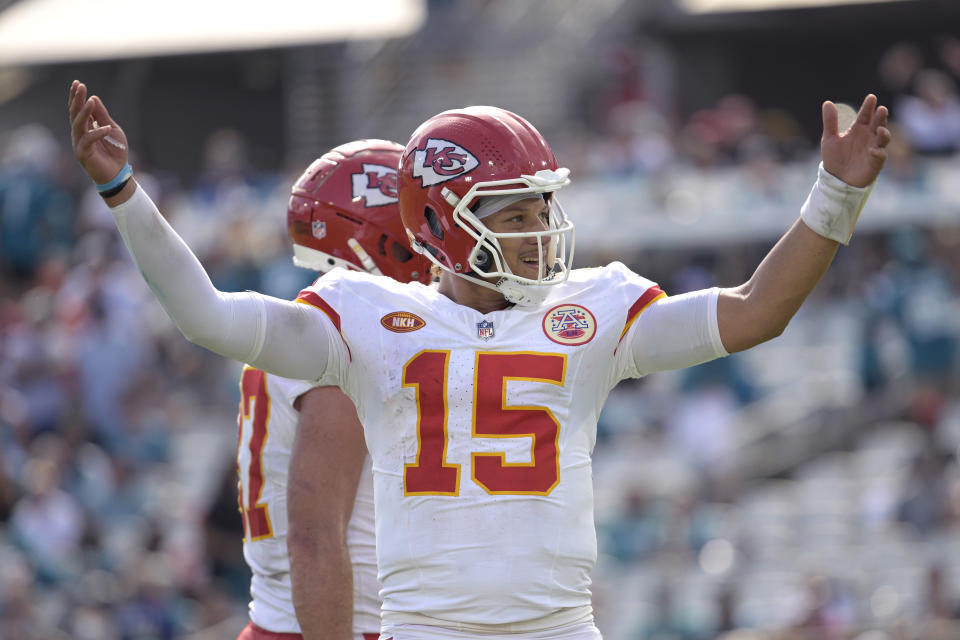 Kansas City Chiefs quarterback Patrick Mahomes (15) gestures to the crowd during the second half of an NFL football game against the Jacksonville Jaguars, Sunday, Sept. 17, 2023, in Jacksonville, Fla. (AP Photo/Phelan M. Ebenhack)