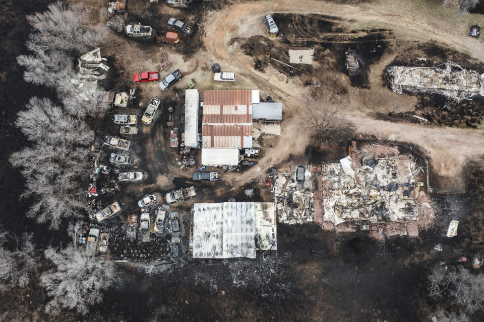 Multiple vehicles and multiple residences are seen destroyed by the Smokehouse Creek Fire in Canadian, Texas, on Feb. 29, 2024. / Credit: David Erickson / AP