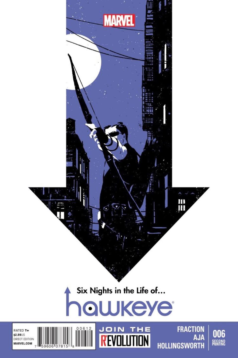 A cover for Hawkeye shows art by David Aja of an arrow filled with an illustration of Clint Barton as Hawkeye