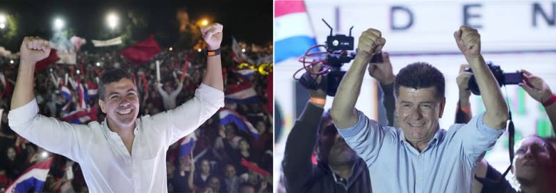 2024巴拉圭總統大選：左為44歲的紅黨（Colorado Party）候選人潘尼亞（Santiago Pena），右為60歲的中間派在野黨「真正激進自由黨」總統候選人艾里格里（Efrain Alegre）。（AP）