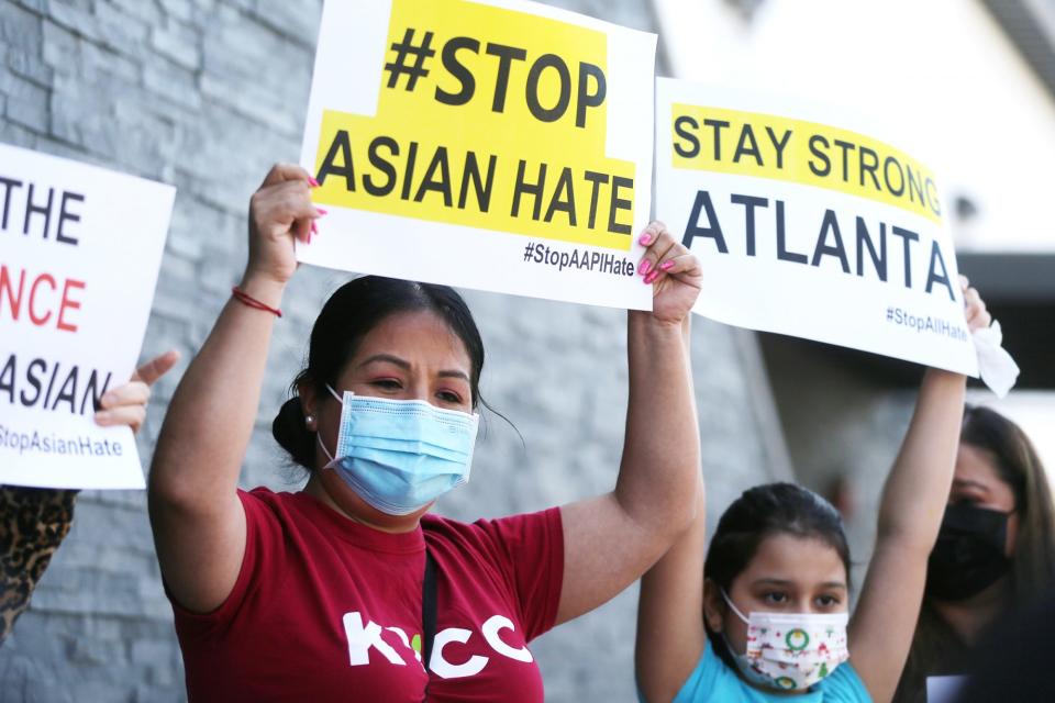 <p>Scenes from a solidarity march in Los Angeles on March 19. Many carry signs showing support and messages to the Asian community in Atlanta: "Stay Strong."</p>