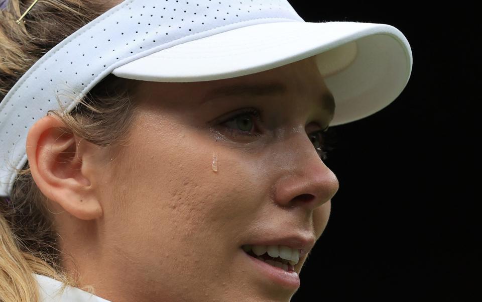 Katie Boulter (GBR) sheds a tear following her victory over Karolina Pliskova (CZE) in the Ladies' Singles 2nd Round match during day four of The Championships Wimbledon 2022 at All England Lawn Tennis and Croquet Club on June 30, 2022 in London, England. - GETTY IMAGES