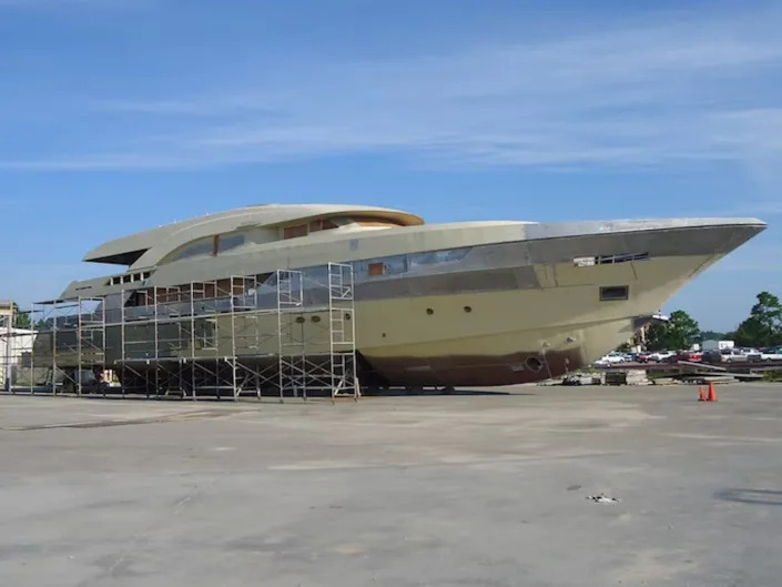 An uncompleted 168-foot Trinity Tri-Deck superyacht being auctioned by Boathouse Auctions