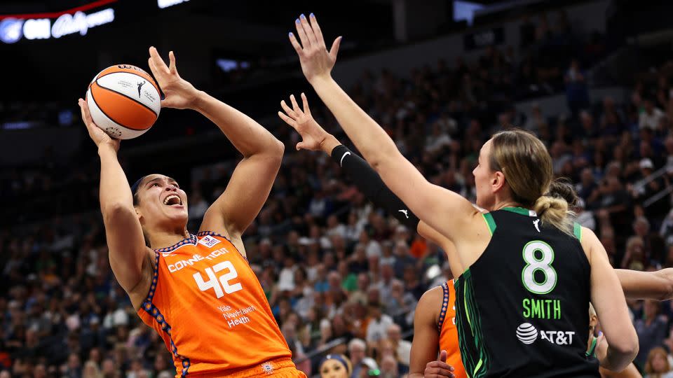 Connecticut Sun forward Brionna Jones shoots over Minnesota Lynx forward Alanna Smith. - Matt Krohn/USA TODAY Sports/Reuters