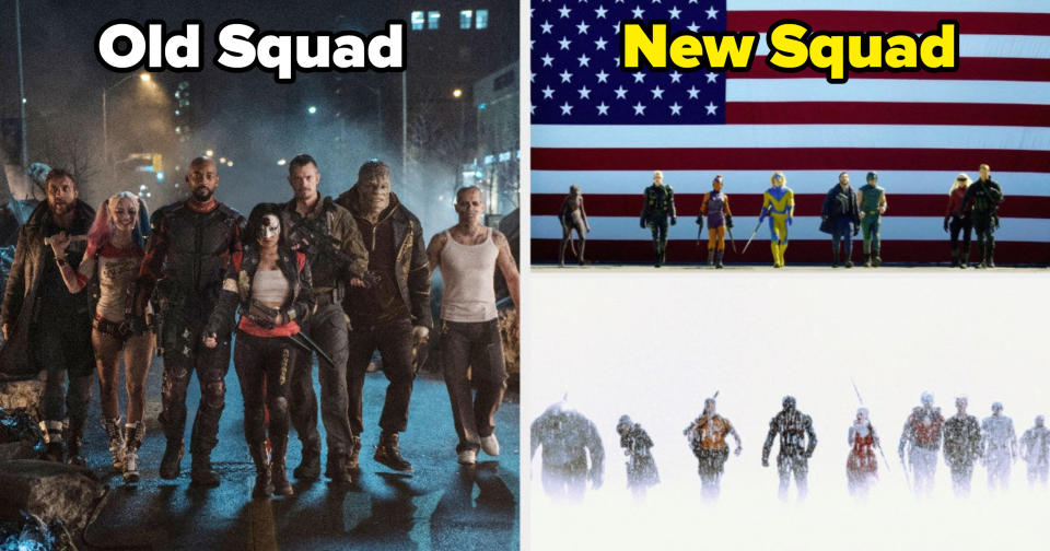 First squad: Harley, Deadshot, Captain Boomerang, Killer Croc, Diablo, Slipknot, Rick Flag, and Katana.New squad: Harley, Boomerang, Flag, and new characters Bloodsport, Peacemaker, Ratcatcher 2, Polka-Dot Man, King Shark, Blackguard, Savant, TDK (The Detachable Kid), Mongal, Javelin, and Weasel. I apologize for the blurry pictures, but these are the only shots that have everybody in them. 