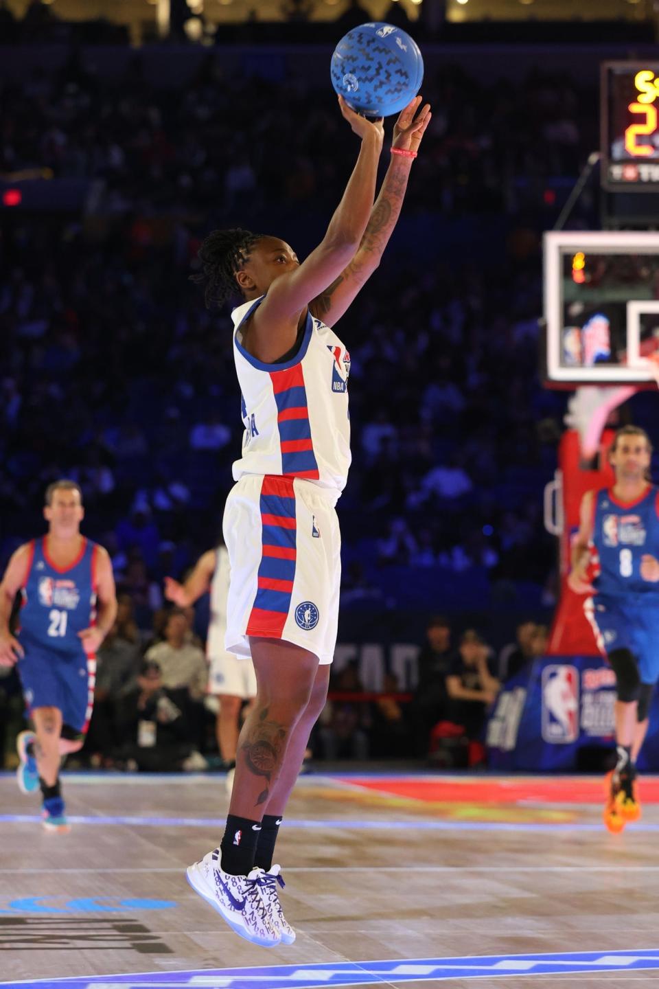 Feb 16, 2024; Indianapolis, IN, USA; Jewell Loyd (24) of Team Shannon shoots in the second half during the All Star Celebrity Game at Lucas Oil Stadium. Mandatory Credit: Trevor Ruszkowski-USA TODAY Sports