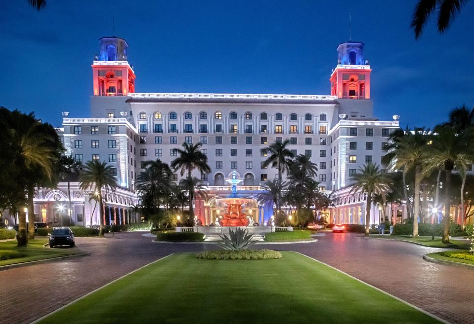 The Breakers is lit in red, white and blue for the July Fourth weekend in 2021, the year it marked its 125th anniversary.