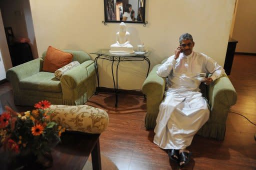 Sri Lanka's former army chief Sarath Fonseka is pictured at his residence following his release from prison in Colombo