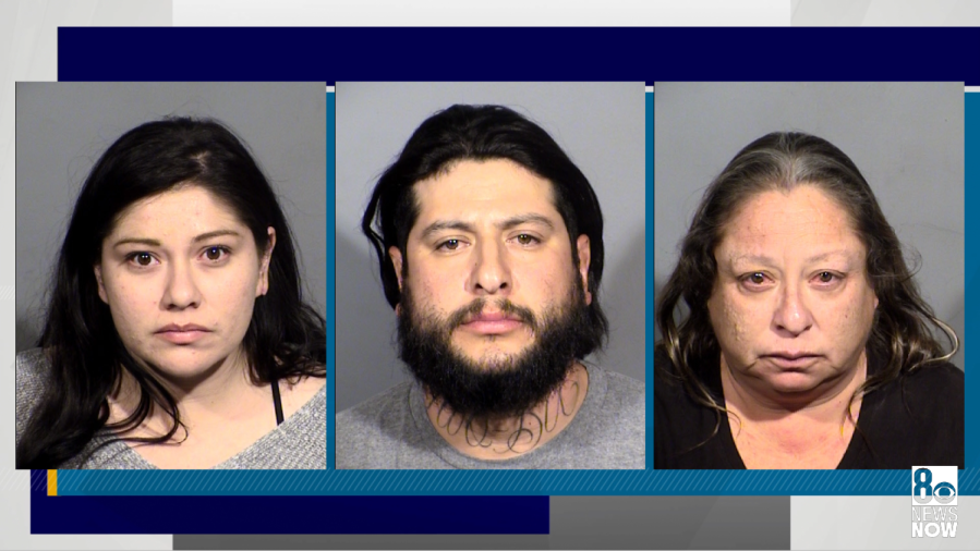 <em>Adriana Montiel, Elias Montiel and Jennifer Montiel face charges including battery, failure to stop at the scene of an accident and attempted insurance fraud, records said. (LVMPD/KLAS)</em>