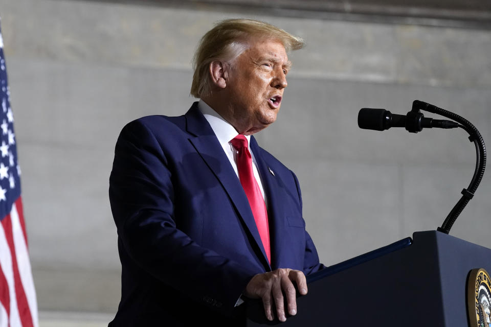 President Donald Trump speaks to the White House conference on American History at the National Archives museum, Thursday, Sept. 17, 2020, in Washington. (AP Photo/Alex Brandon)