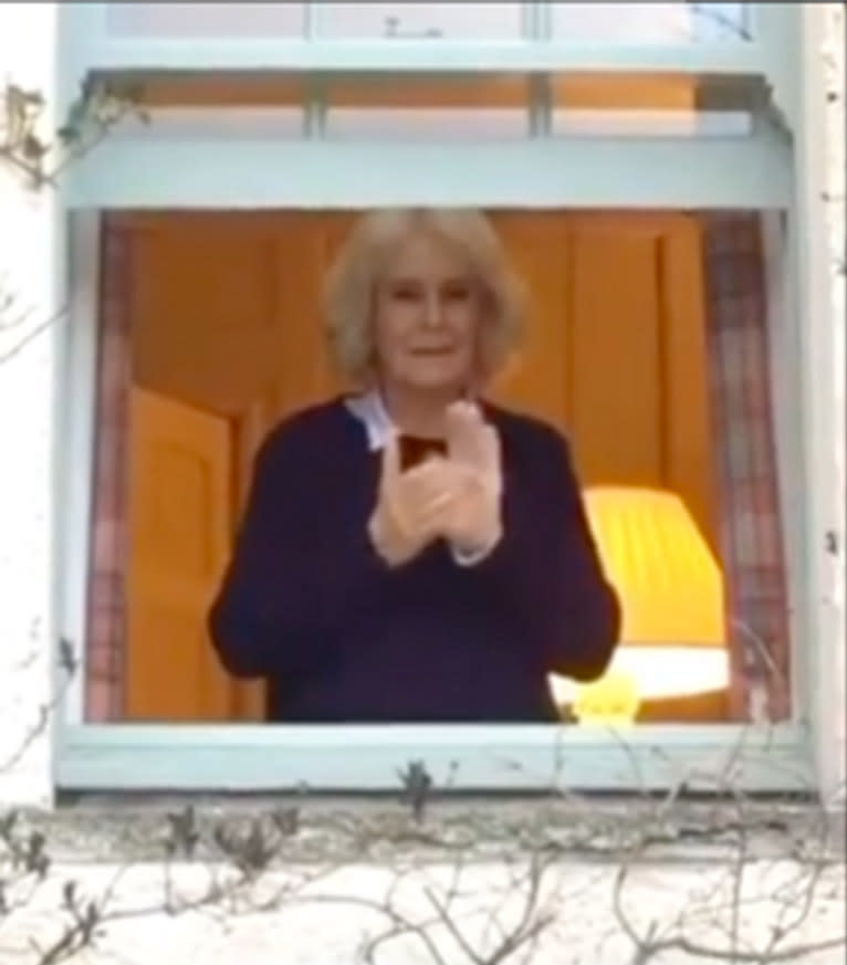 Camilla 'claps for carers' from the window at Birkhall, Scotland, where she remains in self-isolation after Charles' COVID-19 diagnosis. Photo: Instagram/clarencehouse.