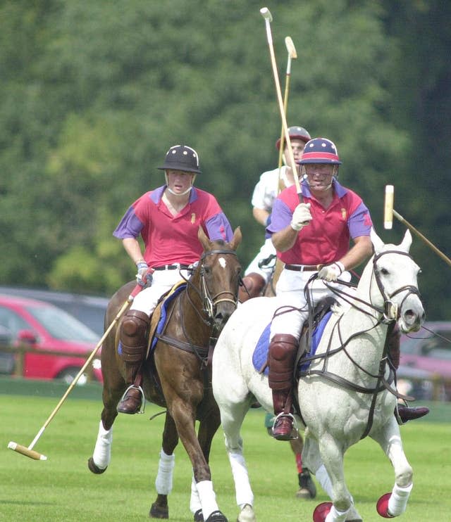 Prince Harry plaingy polo with his father the then-Prince of Wales for Highgrove in an exhibition match against Cirencester Park