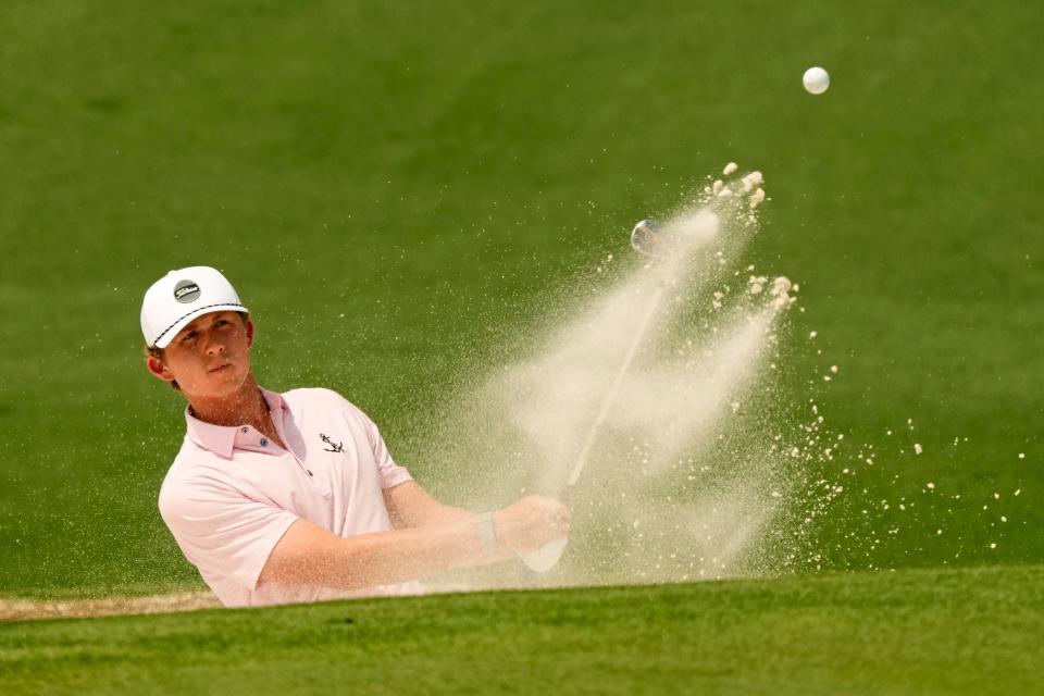 Apr 6, 2023; Augusta, Georgia, USA; Gordon Sargent plays a shot from a bunker on the second hole during the first round of The Masters golf tournament. Mandatory Credit: Michael Madrid-USA TODAY Network