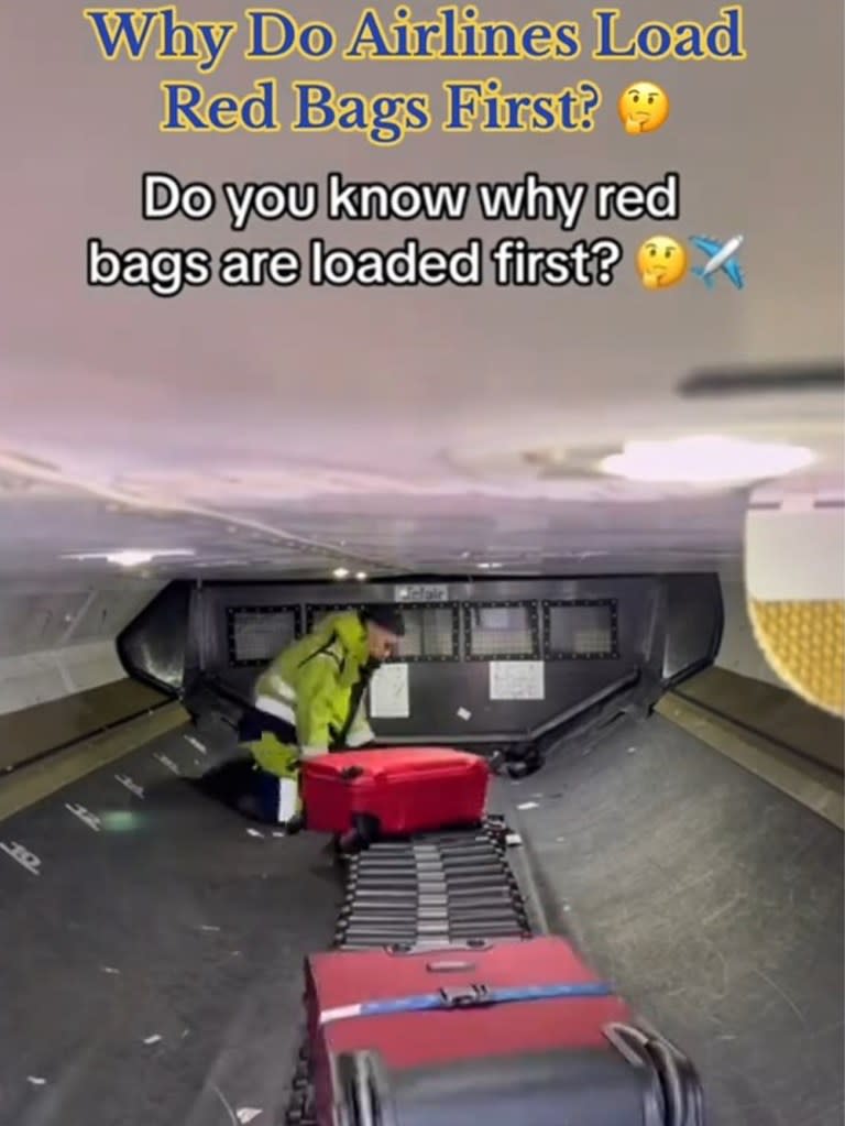 A viral TikTok video asked viewers why they think airlines might load red bags first — and some reasoned it was to avoid leaving bags behind due to the luggage’s bright color. @idksterling/TikTok