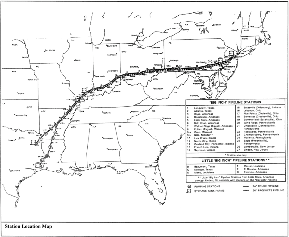 Map showing pipelines from Texas to mid-Atlantic coast.