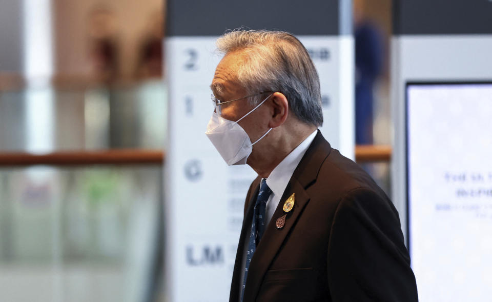 Thailand's Foreign Minister Don Pramudwinai arrives for the 33rd APEC Ministerial Meeting (AMM) plenary session during the APEC summit, Thursday, Nov. 17, 2022, in Bangkok, Thailand. (Athit Perawongmetha/Pool Photo via AP)