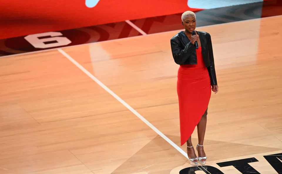 Canadian singer Jully Black singe Canada&#39;s National Anthem ahead of the NBA All-Star game between Team Giannis and Team LeBron at the Vivint arena in Salt Lake City, Utah, February 19, 2023. (Photo by Patrick T. Fallon / AFP) (Photo by PATRICK T. FALLON/AFP via Getty Images)