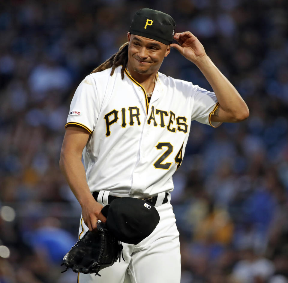 Pittsburgh Pirates starting pitcher Chris Archer walks off the mound after pitching the top of the fourth inning during the team'sbaseball game against the Milwaukee Brewers in Pittsburgh, Friday, May 31, 2019. Archer gave up a three-run home run to Keston Hiura in the fourth inning. (AP Photo/Gene J. Puskar)