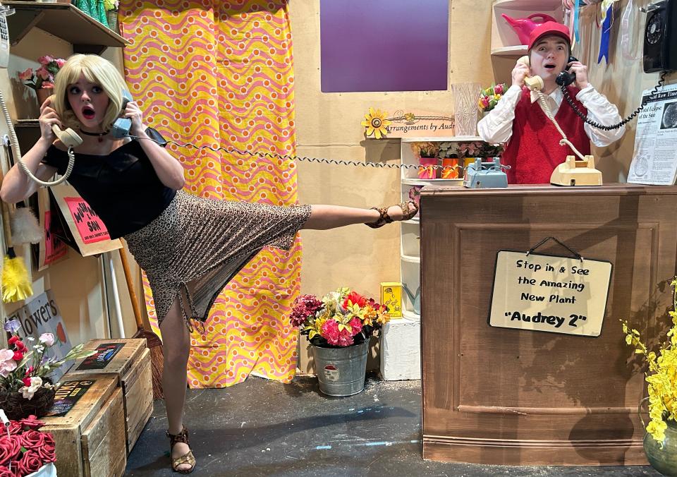 Students rehearse a scene for the musical "Little Shop of Horrors" by the Theatre Department at Mount Mansfield Union High School in Jericho,