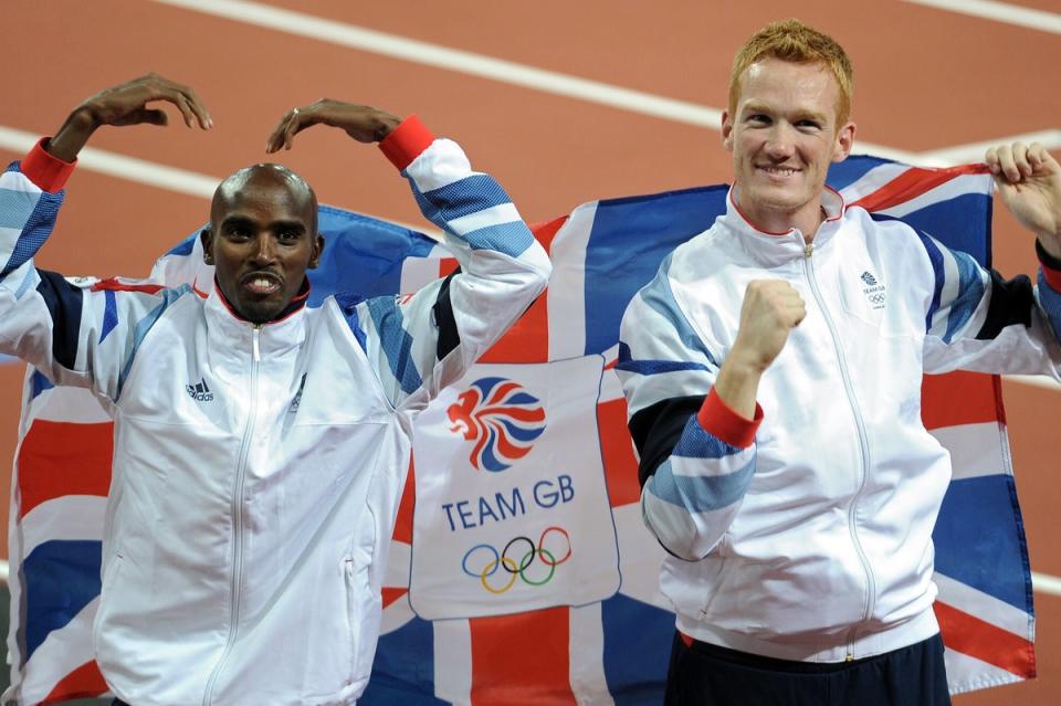 Mo Farah and Greg Rutherford celebrate their Super Saturday heroics at London 2012 (Getty Images)