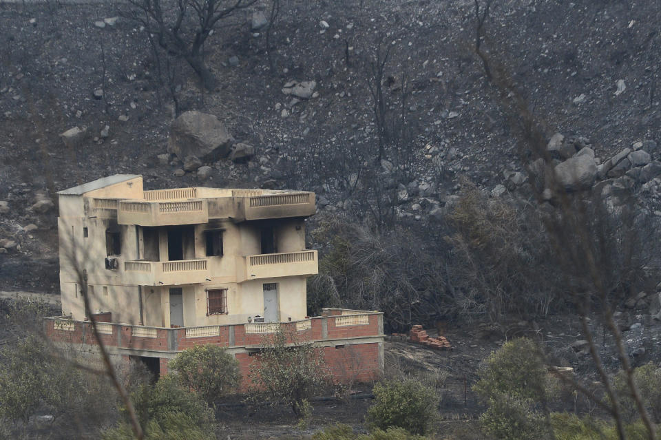 A view of a burnt house and forests, in Bouira, 100 km from Algiers, Algeria, Monday, July 24, 2023. Wildfires raging across Algeria have killed at least 25 people, including soldiers trying to get the flames under control in the face of high winds and scorching summer temperatures, government ministries said Monday. (AP Photo)