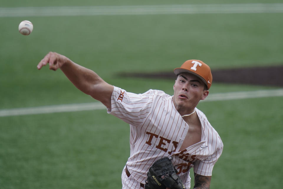 Texas' Tristan Stevens delivers a pitch against Southern in the third inning of an NCAA regional tournament college baseball game, Friday, June 4, 2021, in Austin, Texas. (AP Photo/Eric Gay)