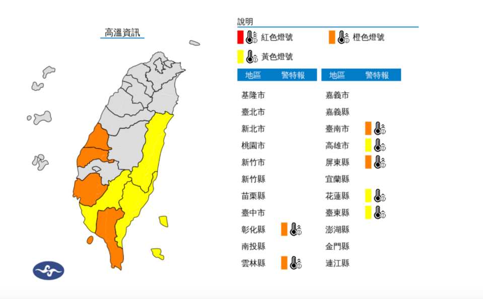 今日一早，中央氣象署對7縣市發布高溫特報。   圖：翻攝自中央氣象署官網