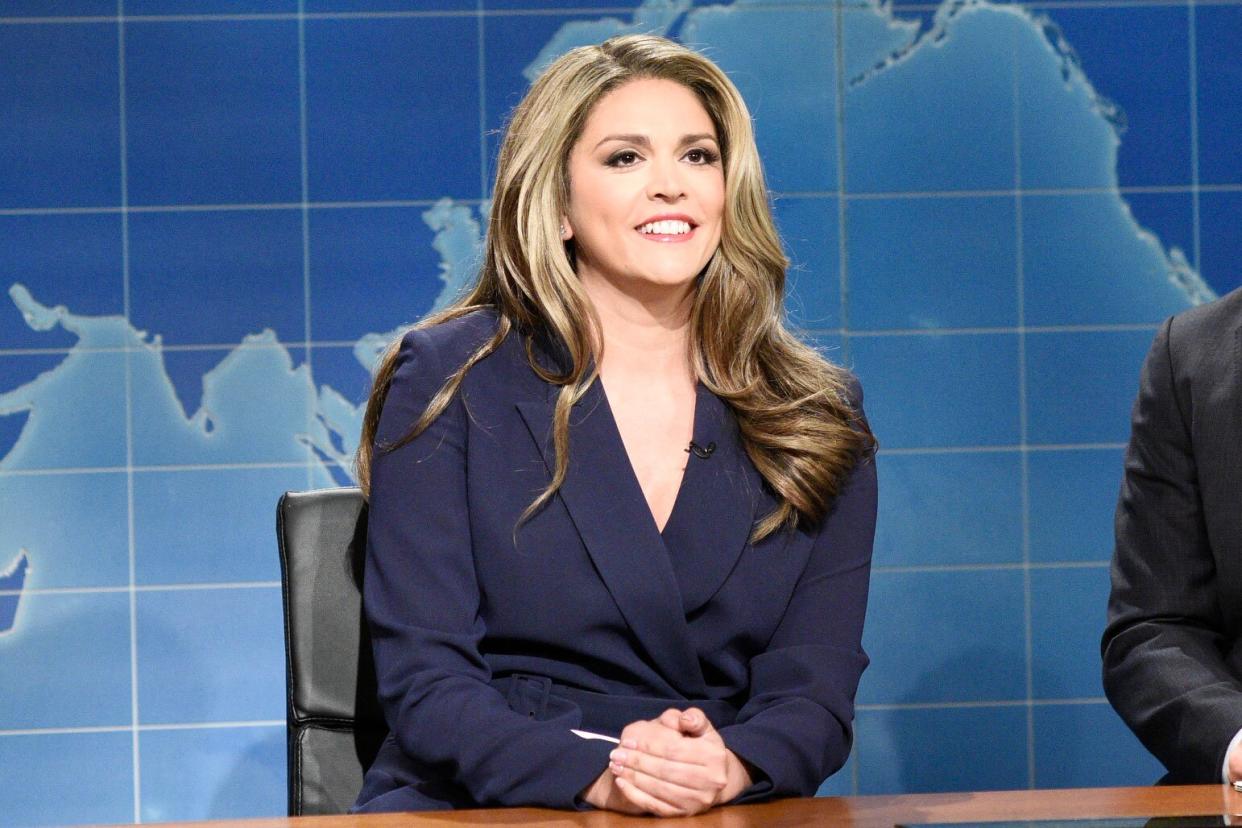 SATURDAY NIGHT LIVE -- Episode 1739 "Charles Barkley" -- Pictured: (l-r) Cecily Strong as Hope Hicks, Colin Jost during "Weekend Update" in Studio 8H on Saturday, March 3, 2018 -- (Photo by: Will Heath/NBCU Photo Bank/NBCUniversal via Getty Images via Getty Images)