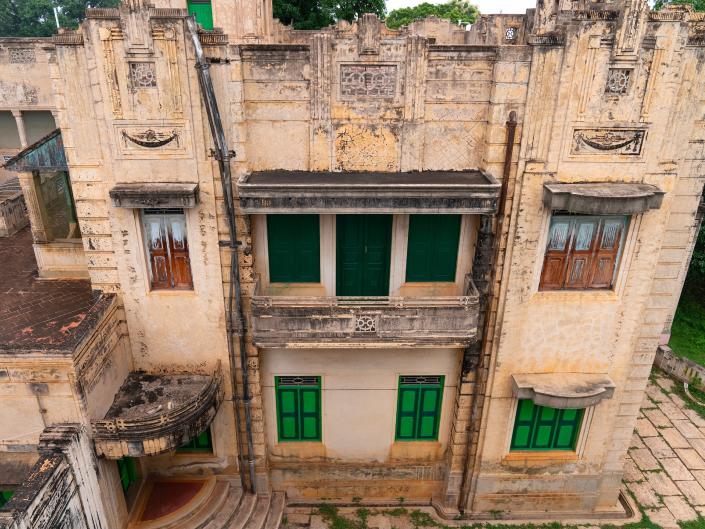 The exterior of an art-deco-style Chettinad mansion in 2022.