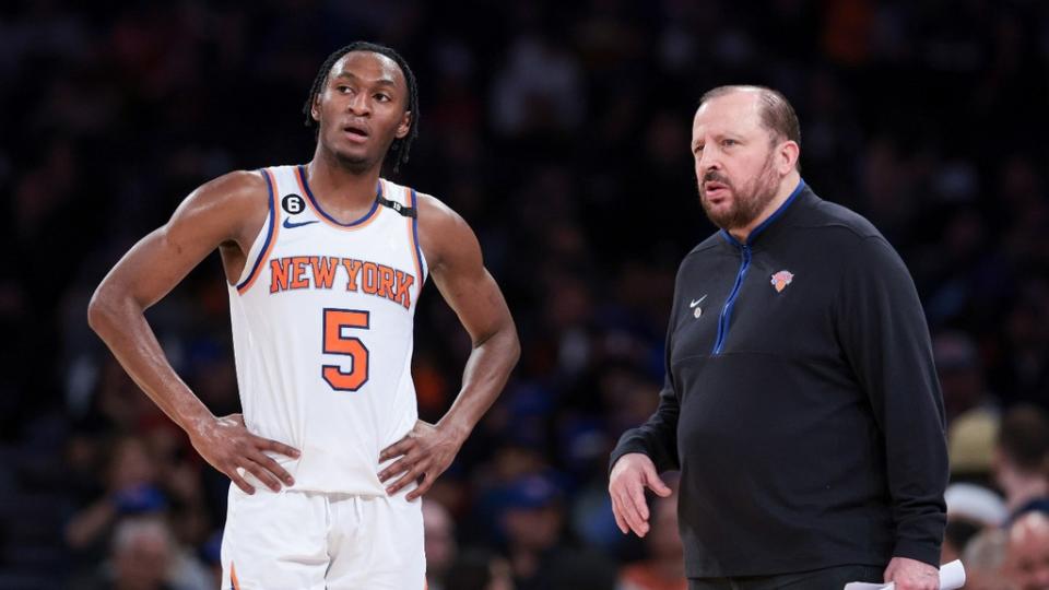 New York Knicks guard Immanuel Quickley (5) talks with head coach Tom Thibodeau.