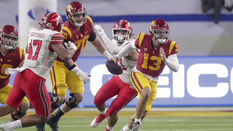 USC Trojans QB Caleb Williams runs with the ball while playing the Utah Utes during the Pac-12 Championship at the Allegiant Stadium in Las Vegas on Friday, Dec. 2, 2022. The Utes won 47-24. USC will be Utah’s toughest game in 2023.