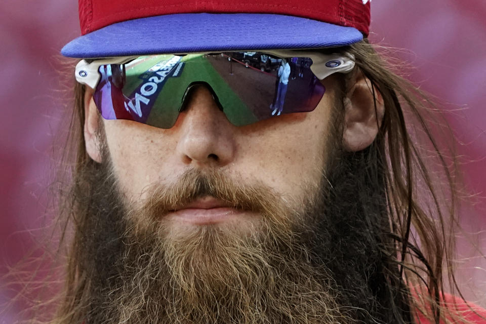 Philadelphia Phillies' Brandon Marsh walks on the field during baseball practice Thursday, Oct. 6, 2022, in St. Louis. The Phillies and St. Louis Cardinals are set to play Game 1 of a National League Wild Card baseball playoff series on Friday in St. Louis. (AP Photo/Jeff Roberson)