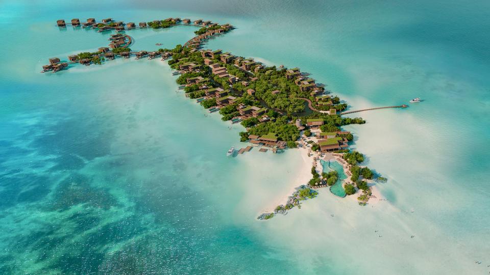 Aerial view of the resort and residences that will be set across a serene private island and a sun-drenched stretch of Secret Beach.