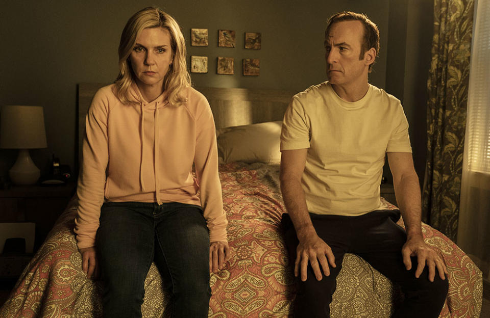 Rhea Seehorn as Kim Wexler and Bob Odenkirk as Saul Goodman in Better Call Saul - Credit: Courtesy of Greg Lewis/AMC/Sony Pictures Television