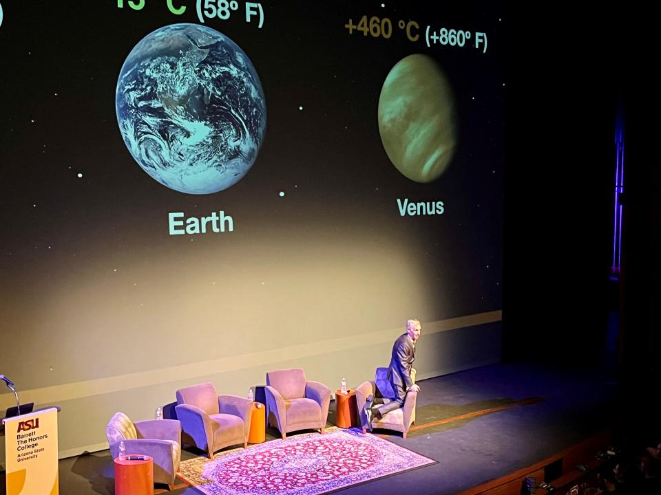 Bill Nye perches on a chair onstage at Tempe Center for the Arts on Tuesday, March 12, 2024 to make a joke about how the floor would be like lava if we lived on Venus, or some other overly hot planet.