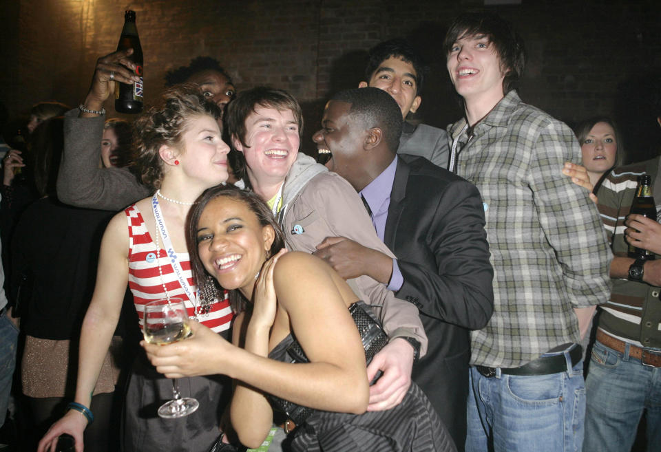 The cast of the TV series Skins, (l-r) Aimee-Ffion Edwards, Larissa Wilson, Joseph Dempsie, Daniel Kaluuya, Dev Patel and Nicholas Hoult attending the Spring Fling launch party for the new Sony NWZ-A820 Walkman Video MP3, at Reliance Square, Shorditch, east London.   (Photo by Carmen Valino - PA Images/PA Images via Getty Images)