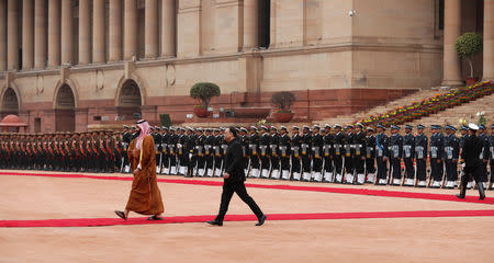 Saudi Arabia's Crown Prince Mohammed bin Salman walks back after inspecting an honour guard during his ceremonial reception at the forecourt of Rashtrapati Bhavan in New Delhi, India, February 20, 2019. REUTERS/Adnan Abidi