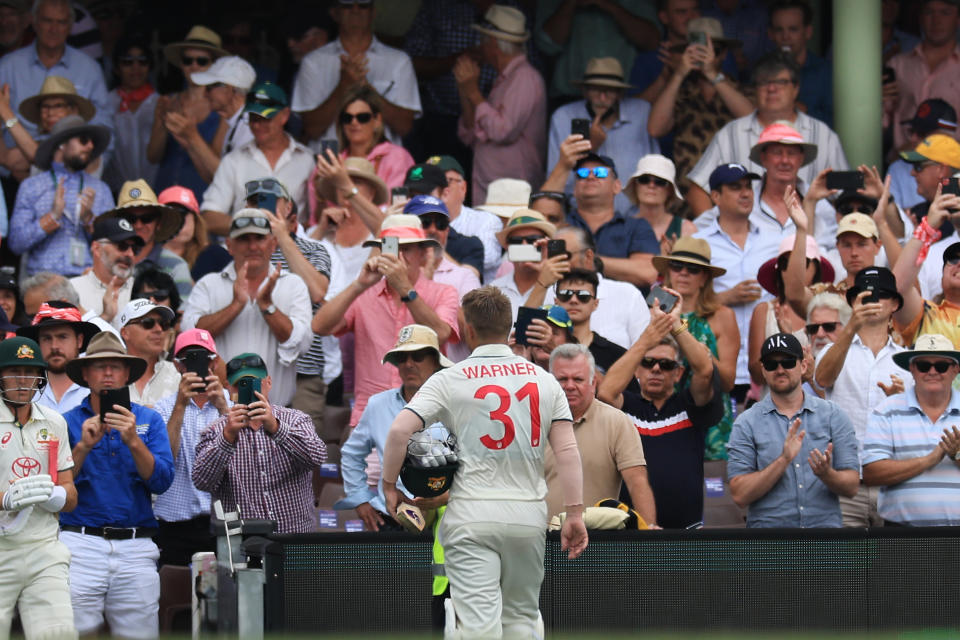 SYDNEY, AUSTRALIA - JANUARY 04: David Warner of Australia walks off after being caught out by Babar Azam of Pakistan off the bowling of Salman Ali Agha of Pakistan during day two of the Men's Third Test Match in the series between Australia and Pakistan at Sydney Cricket Ground on January 04, 2024 in Sydney, Australia. (Photo by Mark Evans/Getty Images)