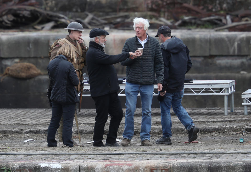 Director Sam Mendes and Cinematographer Roger Deakins on set of Sam Mendes new film 1917 during filming at Govan Docks in Glasgow.PRESS ASSOCIATION Photo. Picture date:Tuesday June 12, 2019. Photo credit should read: Andrew Milligan/PA Wire (Photo by Andrew Milligan/PA Images via Getty Images)