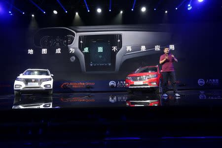 Alibaba's internet-connected cars are seen introduced at a launch event in Hangzhou, Zhejiang province, China, July 6, 2016. China Daily/via REUTERS