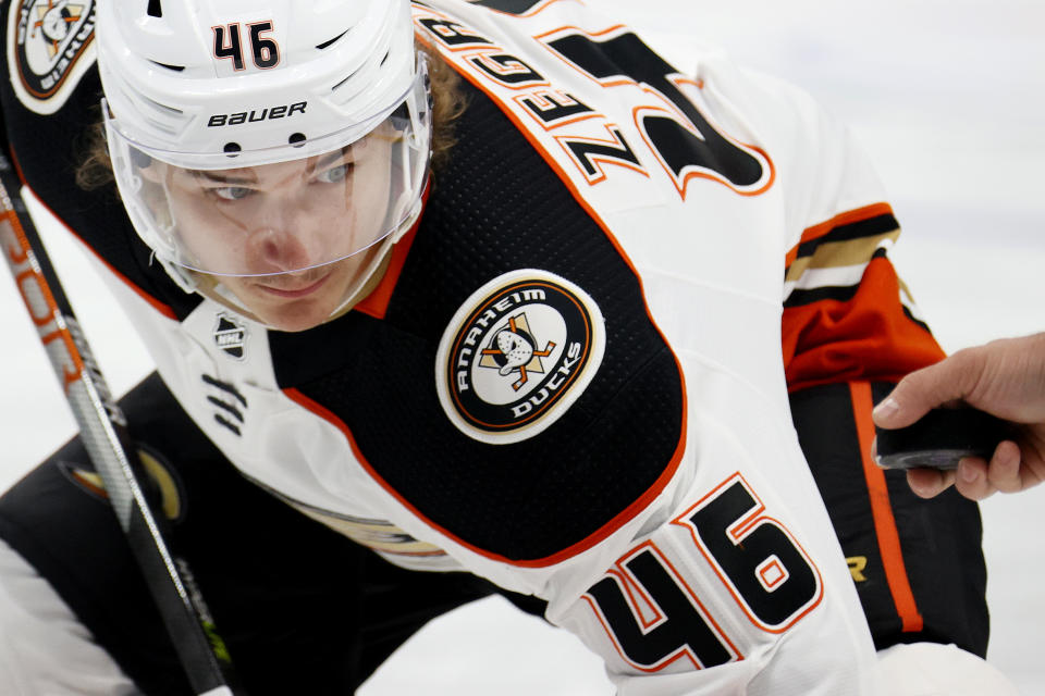 SEATTLE, WASHINGTON - NOVEMBER 11: Trevor Zegras #46 of the Anaheim Ducks watches a faceoff against the Seattle Kraken during the first period on November 11, 2021 at Climate Pledge Arena in Seattle, Washington. (Photo by Steph Chambers/Getty Images)