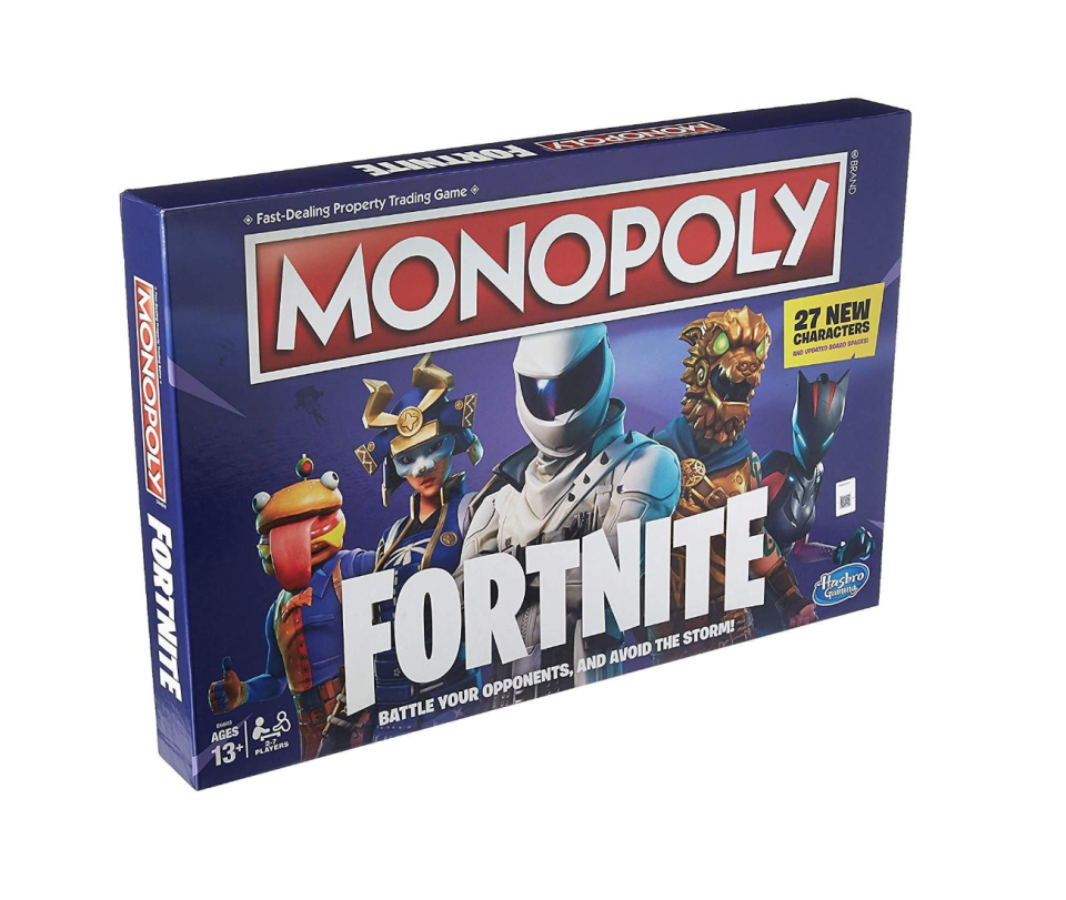 <p><strong>Monopoly</strong></p><p>amazon.com</p><p><strong>$19.98</strong></p><p><a href="https://www.amazon.com/dp/B07NYTDBCR?tag=syn-yahoo-20&ascsubtag=%5Bartid%7C10065.g.32745954%5Bsrc%7Cyahoo-us" rel="nofollow noopener" target="_blank" data-ylk="slk:Shop Now;elm:context_link;itc:0;sec:content-canvas" class="link ">Shop Now</a></p><p><em>Monopoly: Fortnite</em> is all the best parts of <em>Monopoly</em> and <em>Fortnite</em> combined. While the classic Monopoly game is all about making that $$$, this game is all about survival. Instead of money, players collect health points, and chance cards are replaced with Storm cards that can take you out of the game if you aren’t careful. </p><p>Players battle it out through building walls, the action dye, and completing actions on the board’s spaces. Avoid the Storm and heal yourself until you’re the last one standing. <br></p>